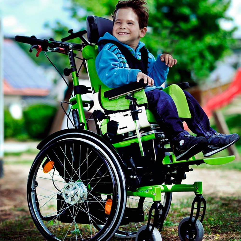 Zippie RS Tilt In Space Wheelchair - Close up of boy in wheelchair.